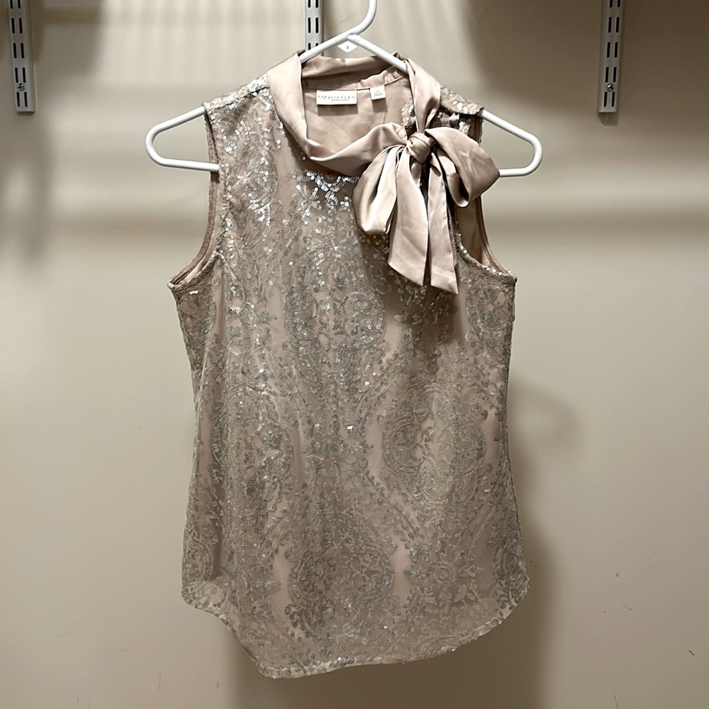 Glamorous blush-pink silky sequin bow blouse